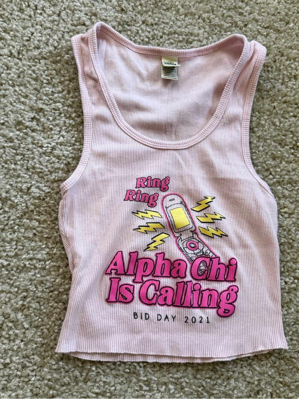 Alpha Chi Bid Day 2021 Pink Ribbed Crop Tank Flip Phone Sorority Y2K cute